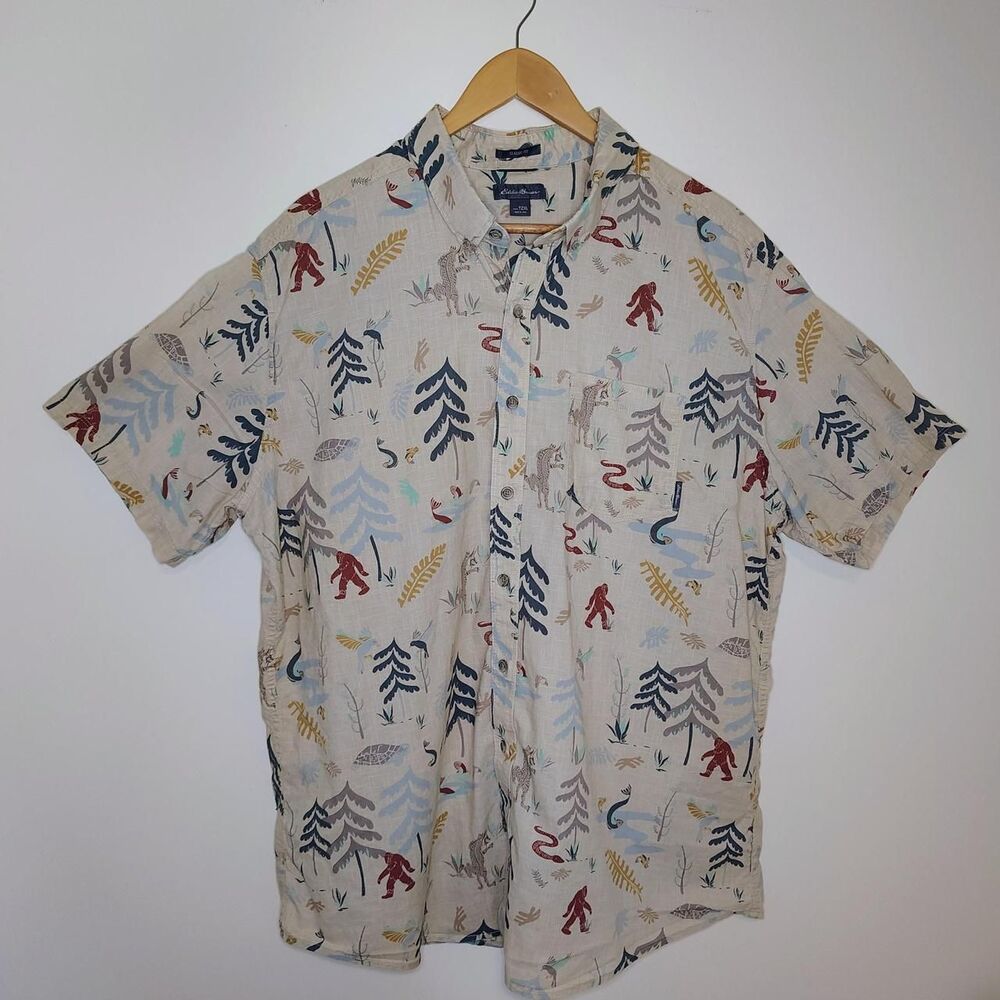 Eddie Bauer Men's XXLT 2XLT Sasquatch Nature Novelty Print Button Down